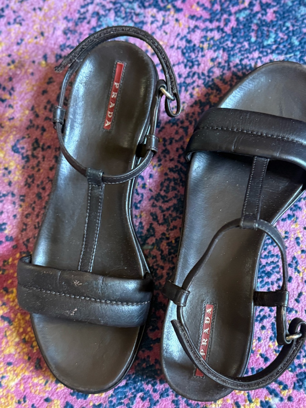 Vintage Prada Sport Linea Rossa Brown Leather T-Strap Wedge Sandals 90s - Picture 4 of 9